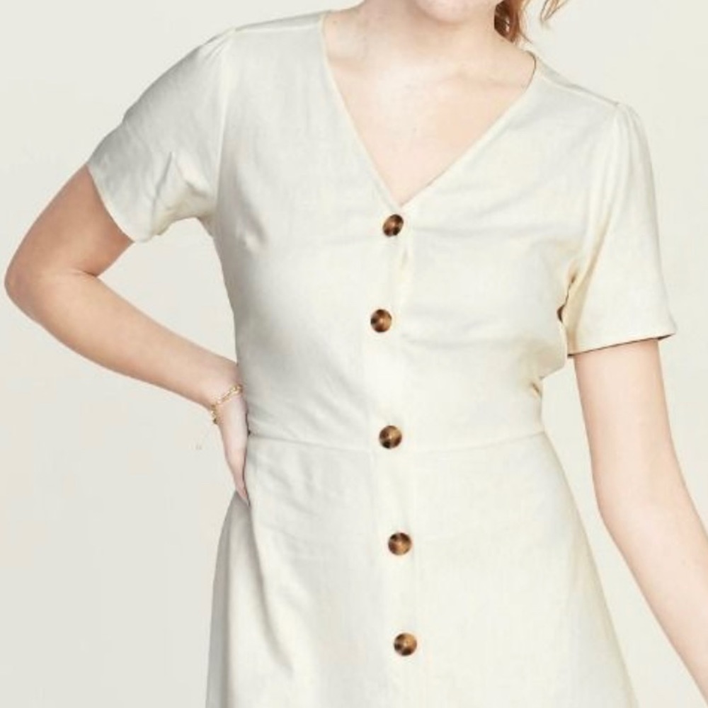 Linen blend cream, button up MIDI dress